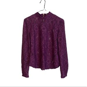 PURPLE LACE SEE-THROUGH LONG SLEEVE TOP, HIGH NECK WITH ZIPPER, SIZE SMALL